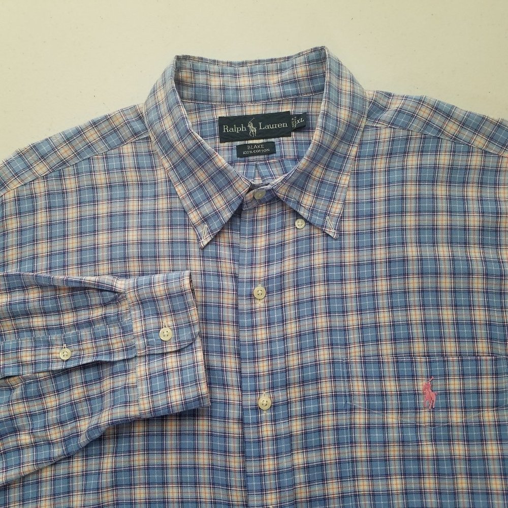 Polo Ralph Lauren Blue Plaid Button Front Long Sleeve Shirt BLAKE FIT Mens XL